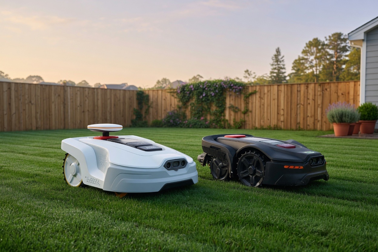 ANTHBOT vs Mammotion Luba robot lawn mower comparison on green lawn — wire-free electric mowers 2026