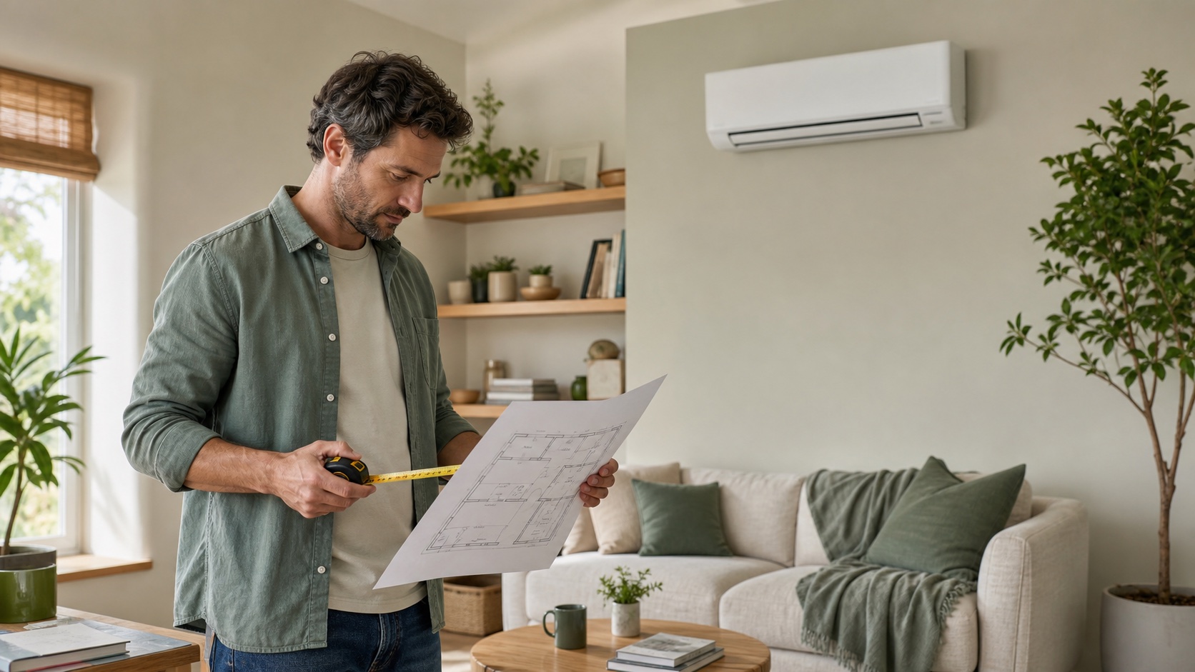 Wall-mounted ductless mini-split indoor unit in a bright, comfortably furnished room