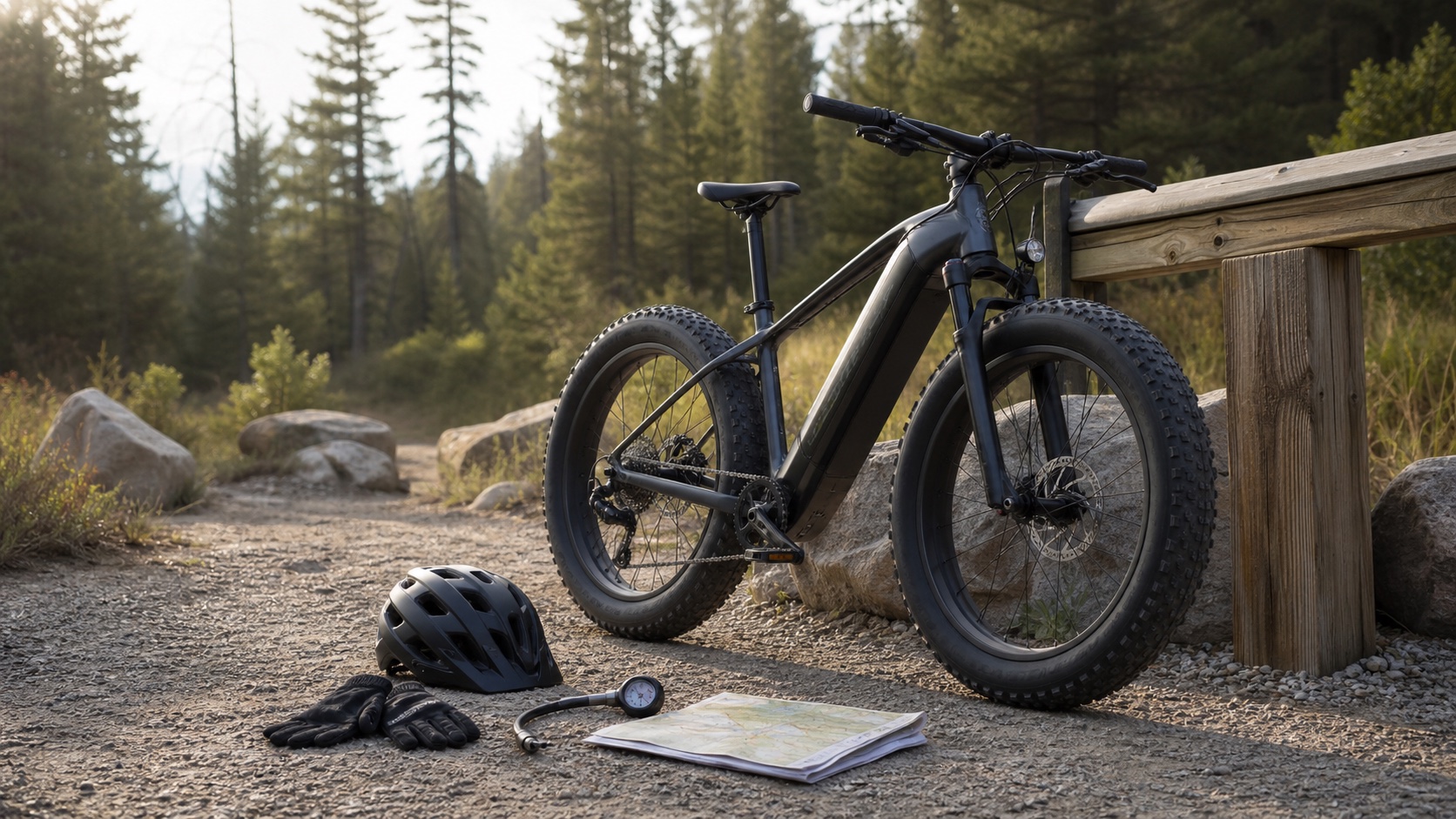 Fat-tire electric bicycle stopped on a broad unpaved trail beside a helmet and riding gloves