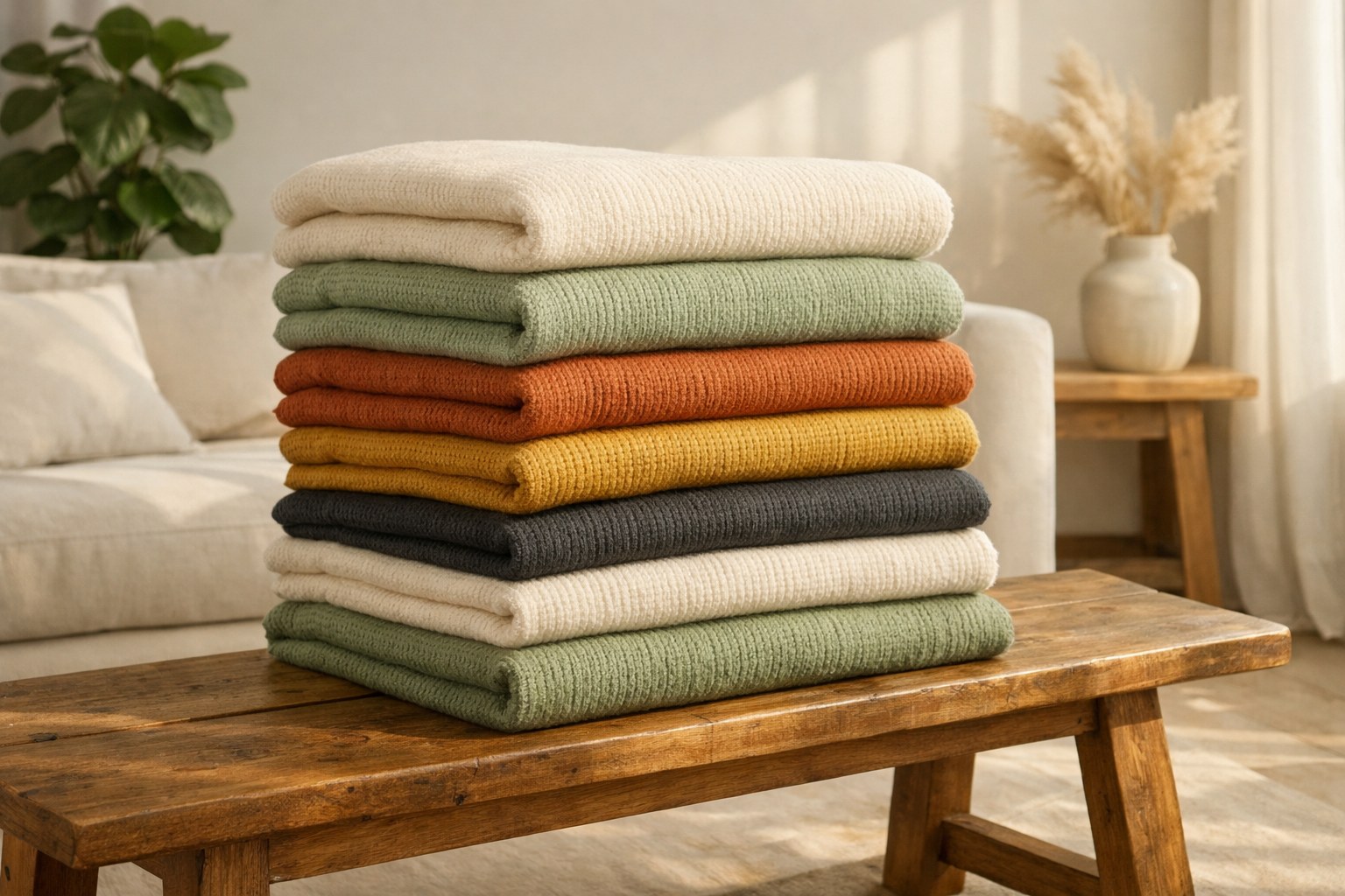 Organic Throw Blankets — Parachute Linen Throw Blanket, Coyuchi Organic Waffle Blanket, and Pendleton Los Padres Cotton Throw on natural wood and linen surfaces